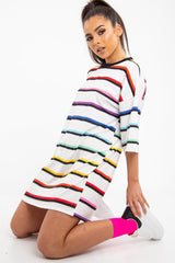 White Rainbow Stripe Oversized T-Shirt Dress - Avriella-Dresses