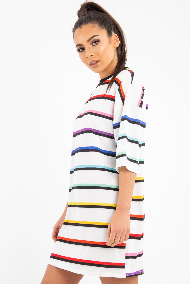 White Rainbow Stripe Oversized T-Shirt Dress - Avriella-Dresses