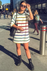 White Rainbow Stripe Oversized T-Shirt Dress - Avriella-Dresses