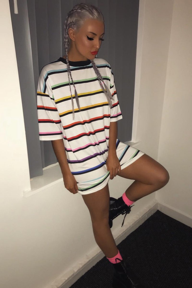 White Rainbow Stripe Oversized T-Shirt Dress - Avriella-Dresses