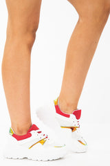 White Red Cleated Sole Lace Up Chunky Trainers - Gradie-Trainers