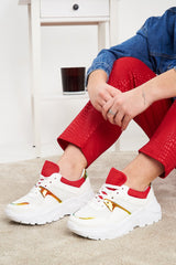 White Red Cleated Sole Lace Up Chunky Trainers - Gradie-Trainers