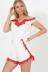 White & Red Crochet V Front Playsuit - Florence-Playsuits