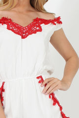 White & Red Crochet V Front Playsuit - Florence-Playsuits