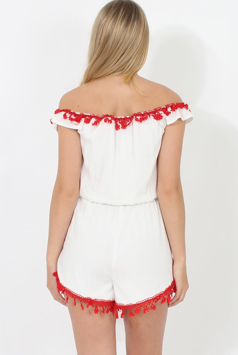 White & Red Crochet V Front Playsuit - Florence-Playsuits