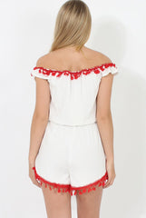 White & Red Crochet V Front Playsuit - Florence-Playsuits