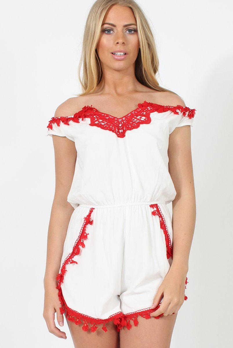 White & Red Crochet V Front Playsuit - Florence-Playsuits