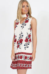 White & Red Floral Cut Out Shift Dress - Harriet-Dresses