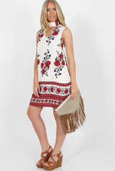 White & Red Floral Cut Out Shift Dress - Harriet-Dresses
