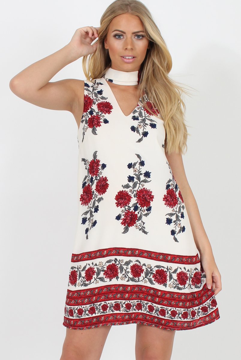 White & Red Floral Cut Out Shift Dress - Harriet-Dresses