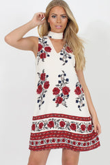 White & Red Floral Cut Out Shift Dress - Harriet-Dresses