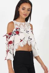 White & Red Floral Print Cold Shoulder Crop Top - Juni-Crop Tops