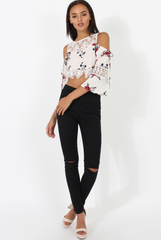 White & Red Floral Print Cold Shoulder Crop Top - Juni-Crop Tops