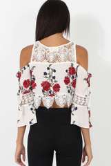 White & Red Floral Print Cold Shoulder Crop Top - Juni-Crop Tops