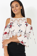 White & Red Floral Print Cold Shoulder Crop Top - Juni-Crop Tops