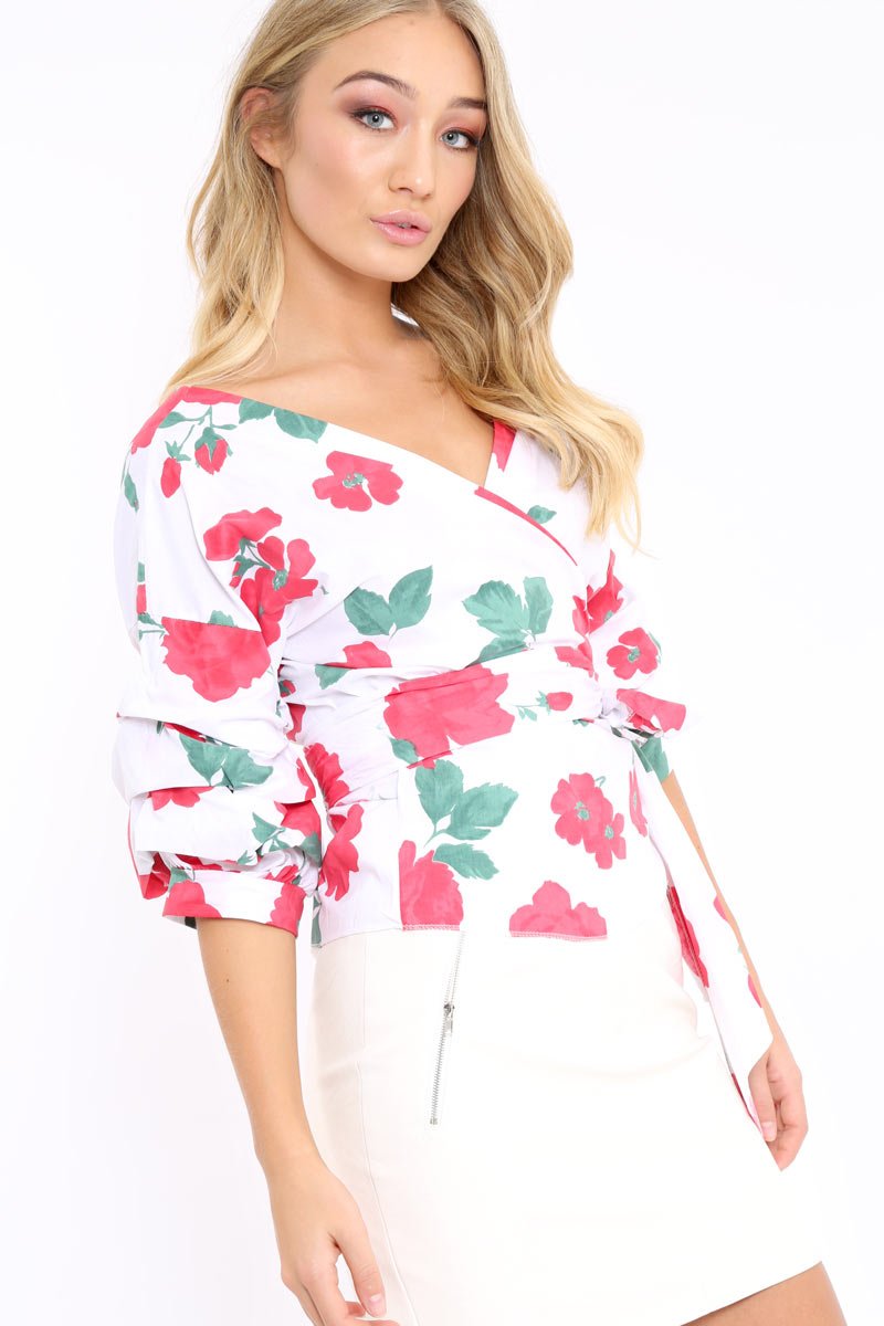 White & Red Floral Print Ruffle Sleeve Wrapover Top - Susie-Tops