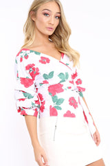 White & Red Floral Print Ruffle Sleeve Wrapover Top - Susie-Tops