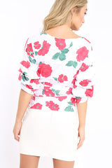 White & Red Floral Print Ruffle Sleeve Wrapover Top - Susie-Tops