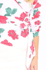 White & Red Floral Print Ruffle Sleeve Wrapover Top - Susie-Tops
