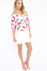 White & Red Floral Print Ruffle Sleeve Wrapover Top - Susie-Tops