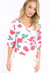 White & Red Floral Print Ruffle Sleeve Wrapover Top - Susie-Tops