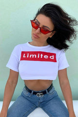 White Red Limited Slogan Cropped T Shirt - Drew-Crop Tops