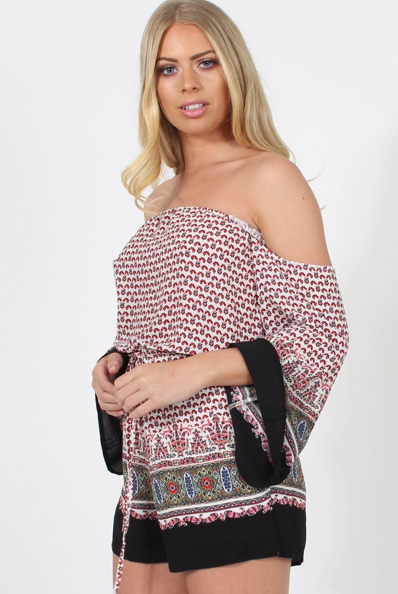 White & Red Print Bardot Playsuit - Malaya-Playsuits