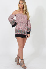 White & Red Print Bardot Playsuit - Malaya-Playsuits