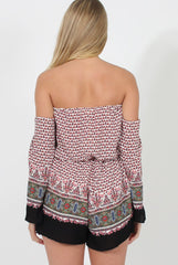 White & Red Print Bardot Playsuit - Malaya-Playsuits