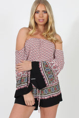 White & Red Print Bardot Playsuit - Malaya-Playsuits