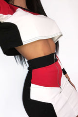 White Red and Black Colour Block Crop Top and Skirt Co-ord - Dyana-Co-ords