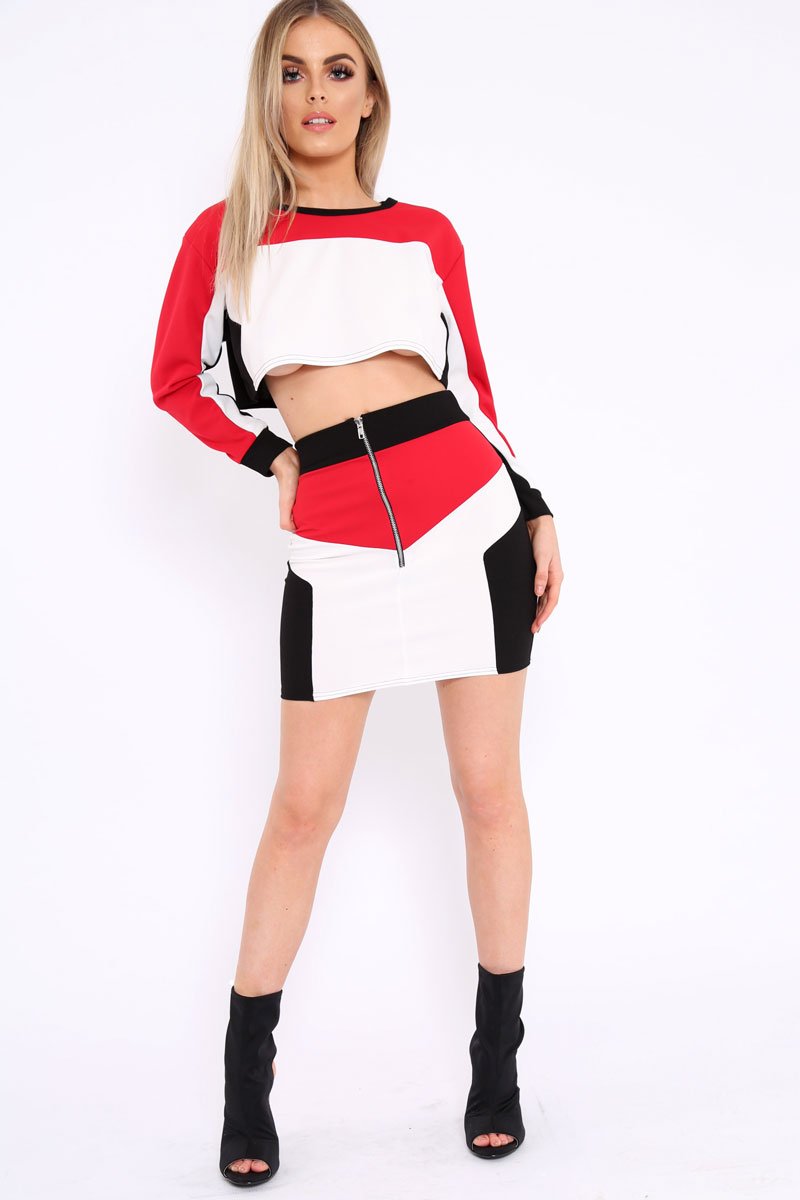 White Red and Black Colour Block Crop Top and Skirt Co-ord - Dyana-Co-ords