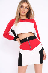 White Red and Black Colour Block Crop Top and Skirt Co-ord - Dyana-Co-ords