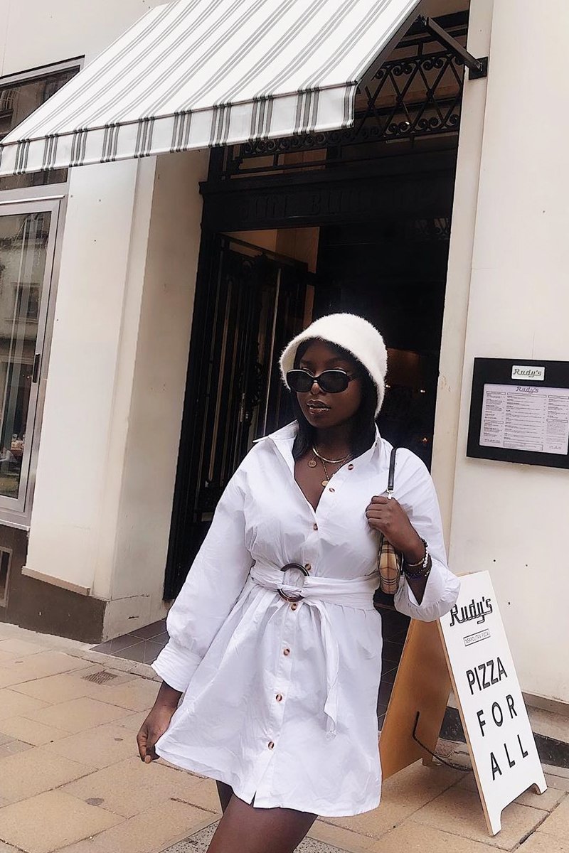 White Resin Belt Gathered Sleeve Shirt Dress - Tawny-Dresses