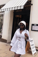 White Resin Belt Gathered Sleeve Shirt Dress - Tawny-Dresses