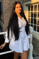 White Resin Belt Gathered Sleeve Shirt Dress - Tawny-Dresses
