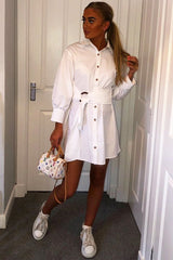 White Resin Belt Gathered Sleeve Shirt Dress - Tawny-Dresses