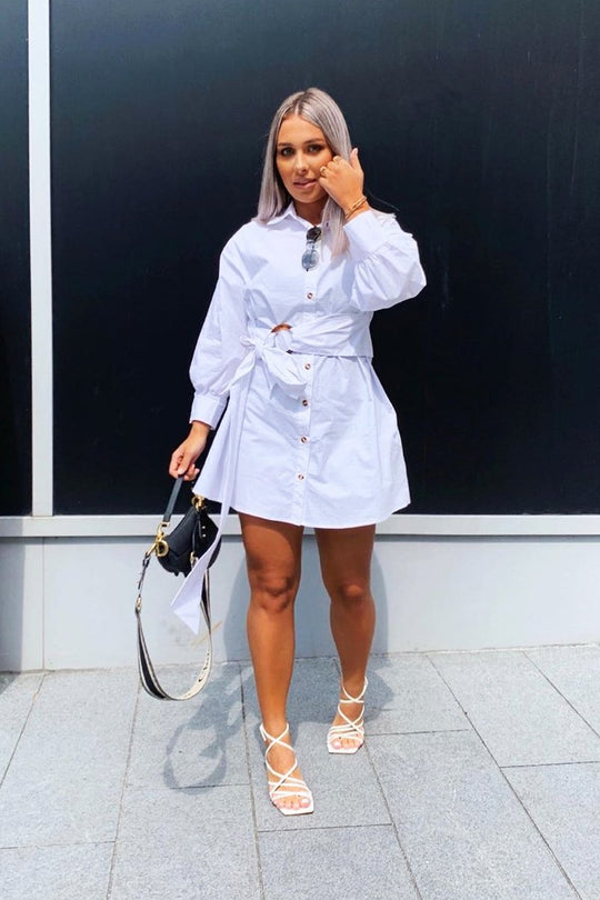 White Resin Belt Gathered Sleeve Shirt Dress - Tawny