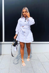 White Resin Belt Gathered Sleeve Shirt Dress - Tawny-Dresses