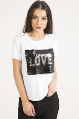 White Reversible Sequin 'Love' Slogan T-Shirt - Ida-T-shirt