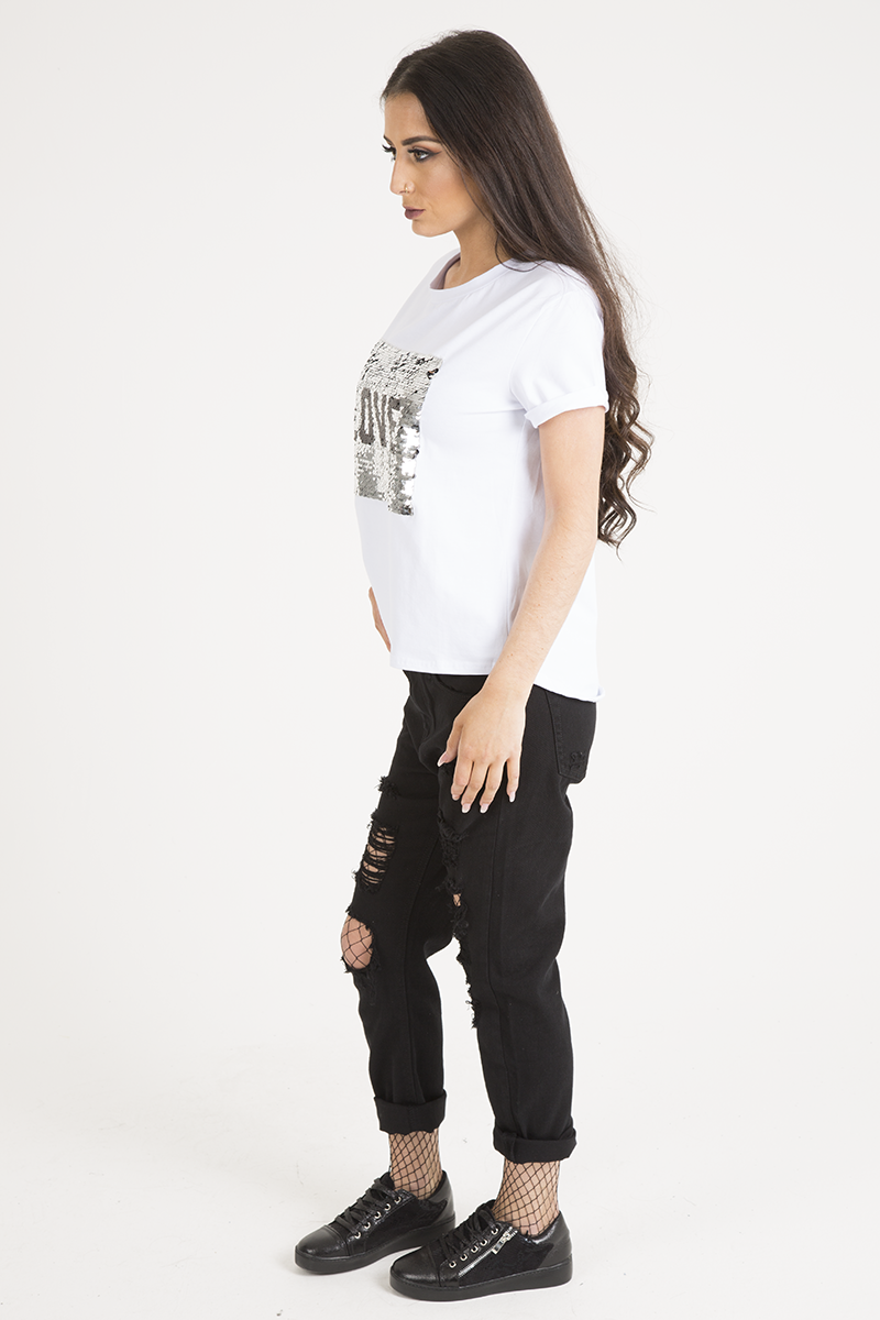 White Reversible Sequin 'Love' Slogan T-Shirt - Ida-T-shirt