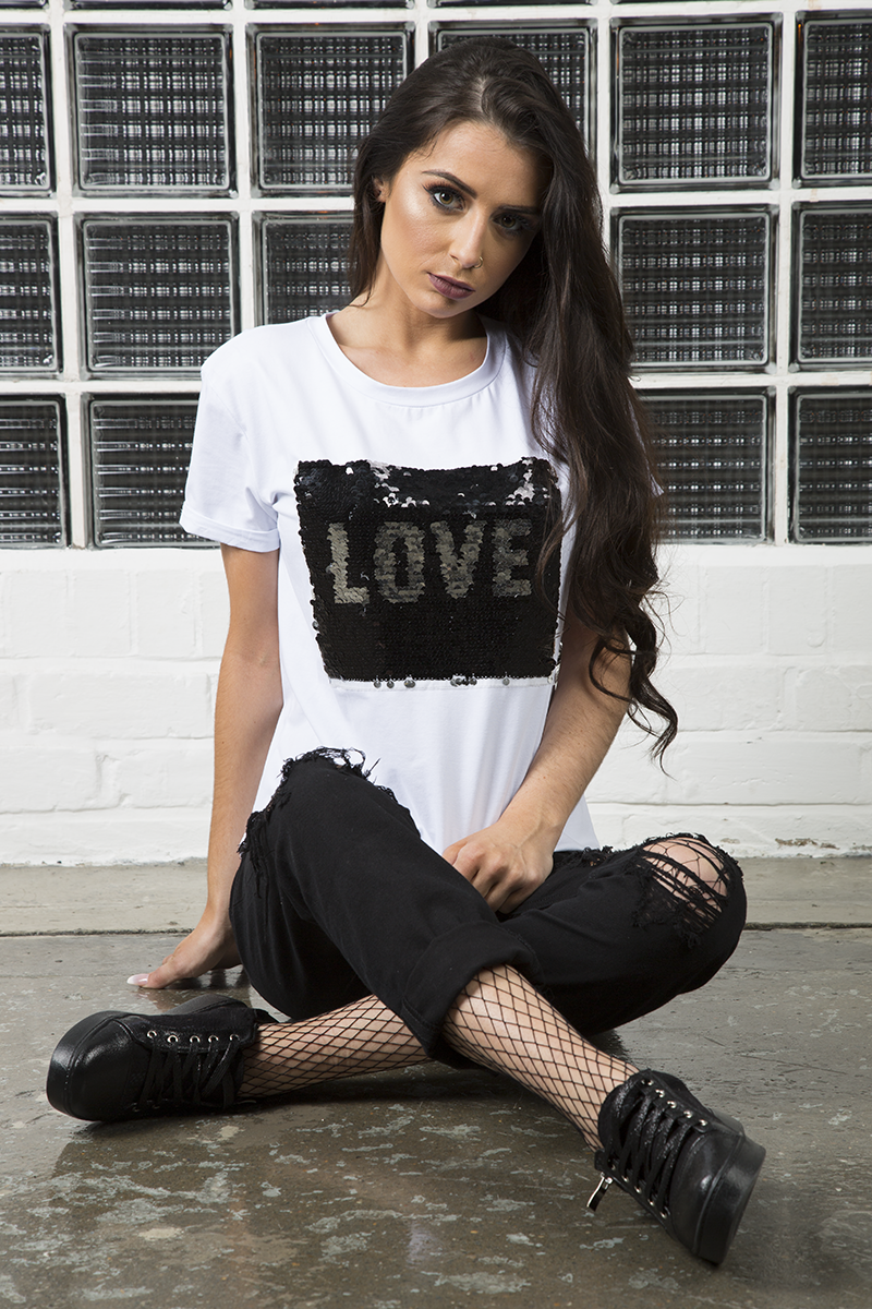 White Reversible Sequin 'Love' Slogan T-Shirt - Ida-T-shirt