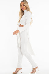 White Rib Asymmetric Tie Front Top Legging Loungewear Co-Ord - Sasha-Loungewear