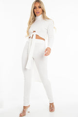 White Rib Asymmetric Tie Front Top Legging Loungewear Co-Ord - Sasha-Loungewear