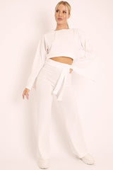 White Rib Crop Jumper Tie Wide Leg Trousers Loungewear Co-Ord - Mirabel-Loungewear
