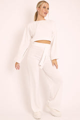 White Rib Crop Jumper Tie Wide Leg Trousers Loungewear Co-Ord - Mirabel-Loungewear