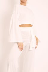 White Rib Crop Jumper Tie Wide Leg Trousers Loungewear Co-Ord - Mirabel-Loungewear