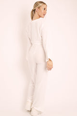 White Rib Crop Jumper Tie Wide Leg Trousers Loungewear Co-Ord - Mirabel-Loungewear