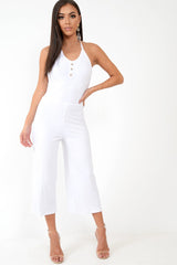 White Rib Halterneck Button Front Jumpsuit - Calirose-Jumpsuits