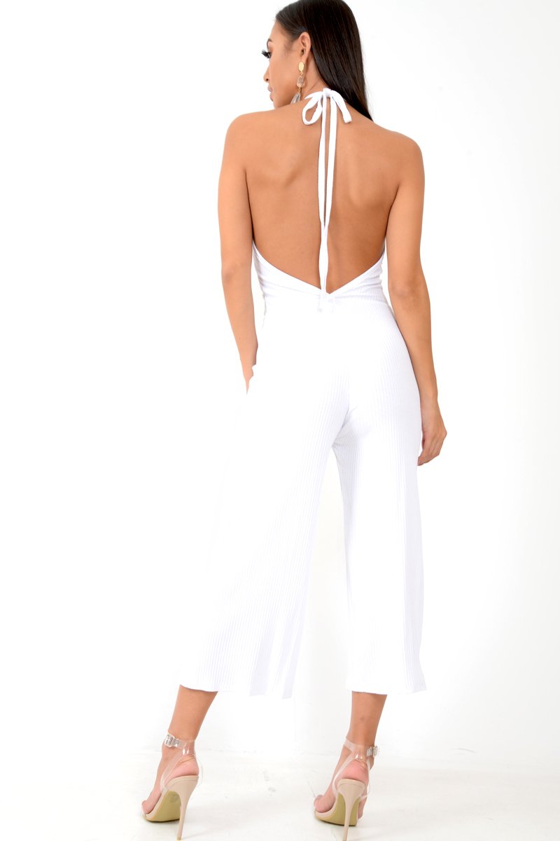 White Rib Halterneck Button Front Jumpsuit - Calirose-Jumpsuits
